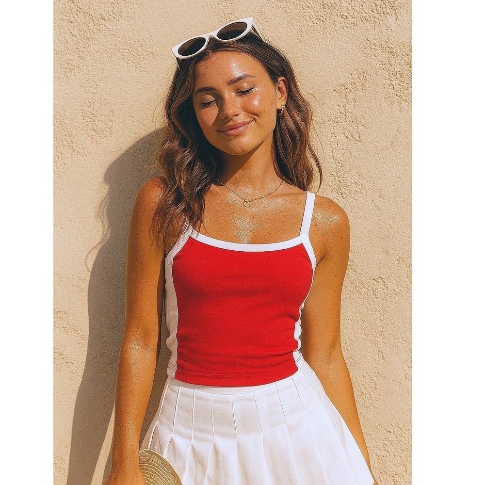 New XS Red White Tank Top Sleeveless Casual Crop Top Basic Color Block Illusion